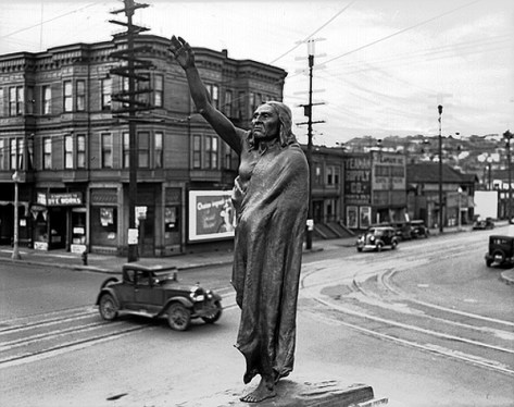 Chief Seattle statue at Fifth and Denny, 1936 ( Seattle Municipal Archives)