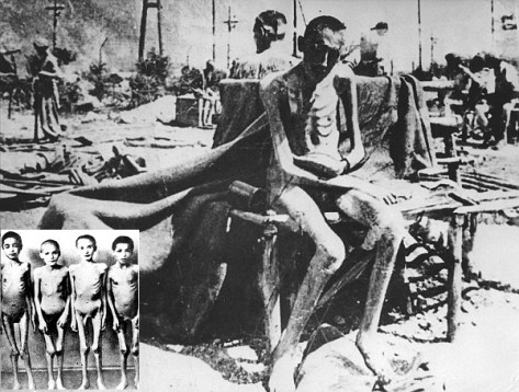 Emaciated survivors after liberation, 1945. It is estimated that 1.1 million people died at Auschwitz during its nearly five years in operation.
