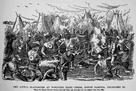 Wounded Knee Creek, 29 December 1890. Seventh Cavalry Lost 66 Killed and Wounded. Indians Lost Over 200. Wood engraving, 1890s.