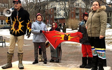 Mi’kmaw 'Warrior' Toby Condo where Cornwallis statue stood. (APTN)